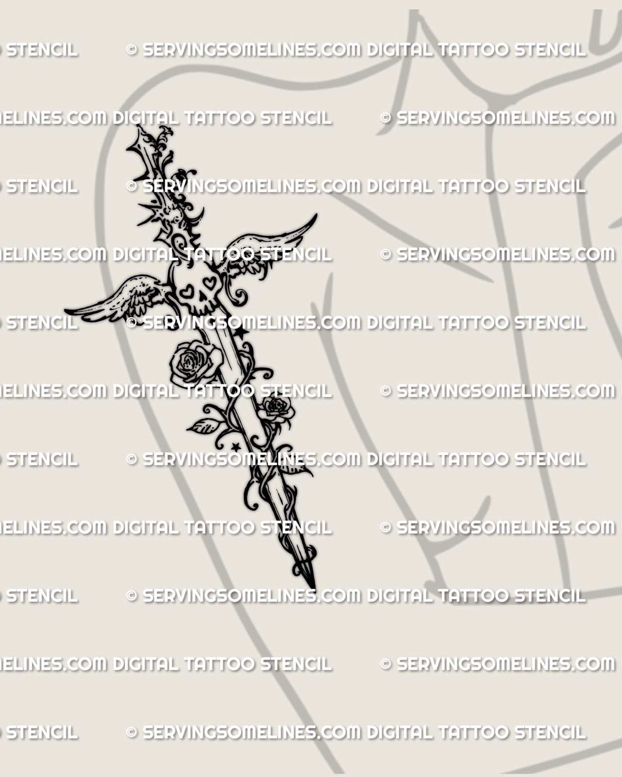 Cute dark tattoo stencil dagger shown on womens arm placement example, sticker style linework, instant download.