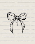 cute gothic bow tattoo stencil with devil heart center shown as clean linework design for coquette and small feminine tattoo ideas