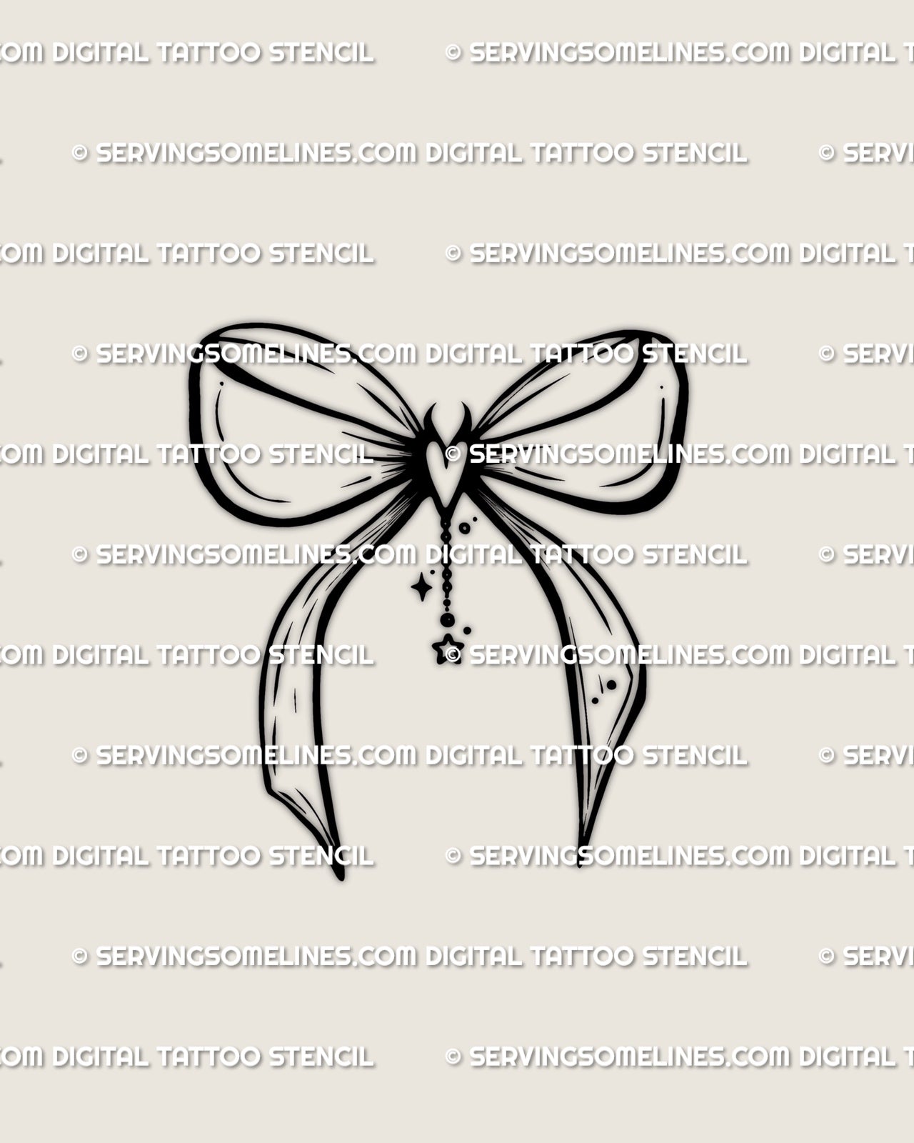 cute gothic bow tattoo stencil with devil heart center shown as clean linework design for coquette and small feminine tattoo ideas