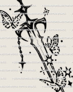 Close view of cute sword tattoo stencil linework, charm detail and sparkle scatter accents, high resolution stencil download