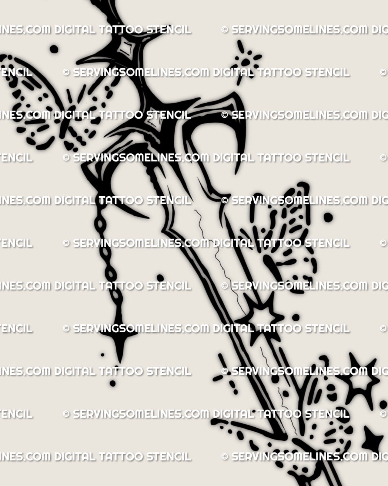 Close view of cute sword tattoo stencil linework, charm detail and sparkle scatter accents, high resolution stencil download