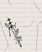 Cute sword tattoo stencil on side ribs placement, slim sword with charm detail and airy sparkle scatter accents, feminine style