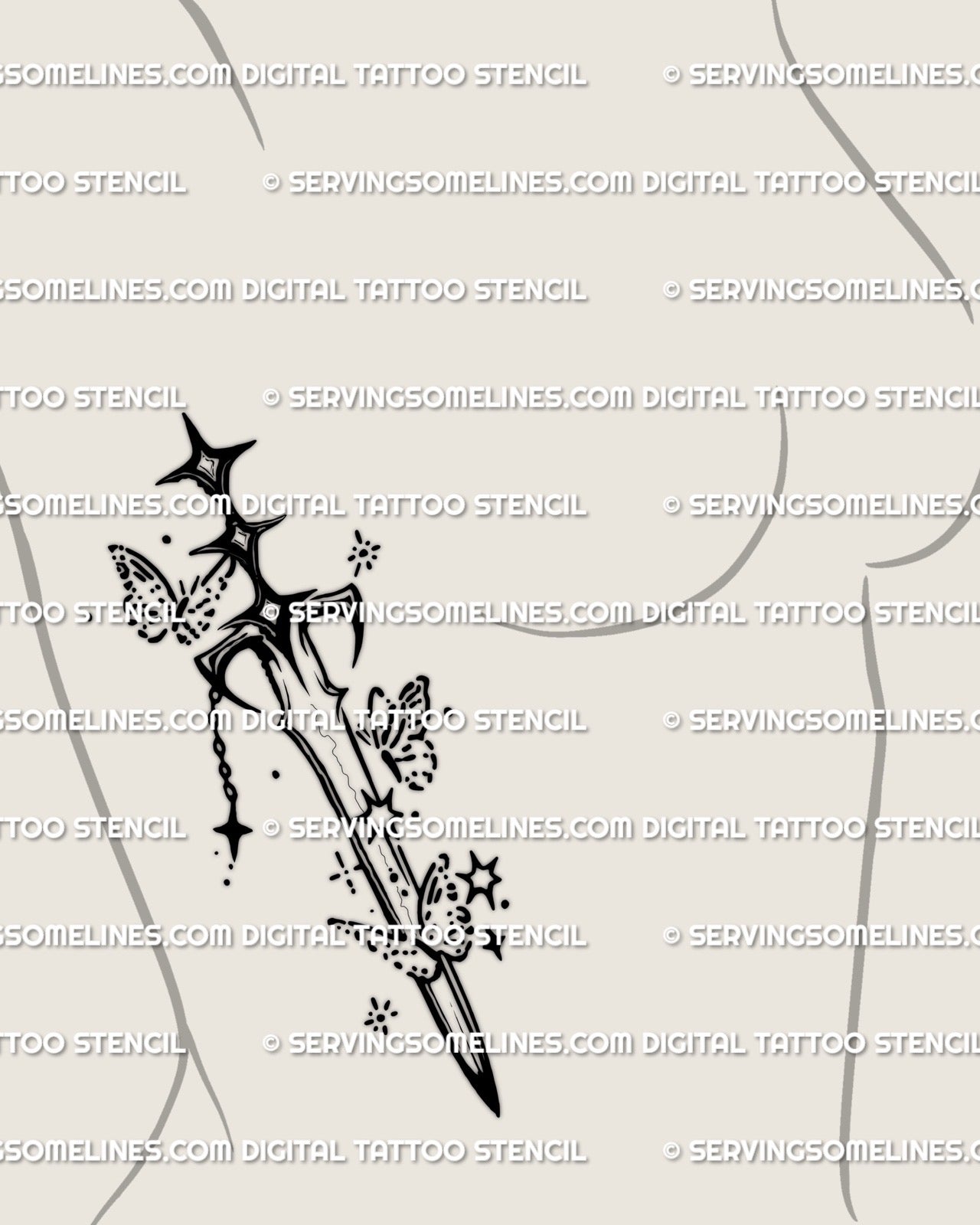 Cute sword tattoo stencil on side ribs placement, slim sword with charm detail and airy sparkle scatter accents, feminine style