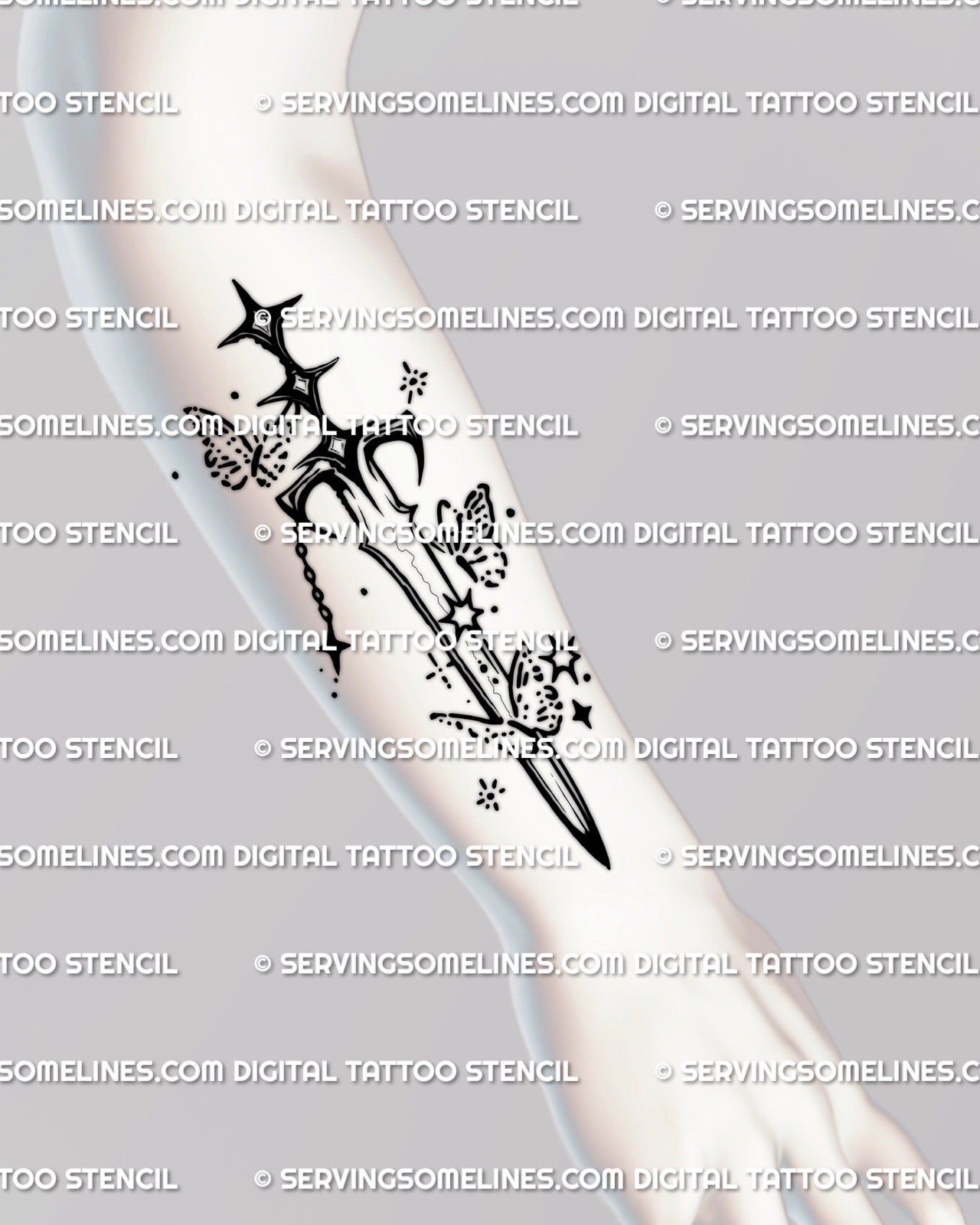 Cute sword tattoo stencil displayed on forearm placement, feminine sword tattoo stencil with charm and sparkle scatter accents
