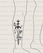 Cute sword tattoo stencil for lower leg placement, dreamy charm sword with sparkle scatter accents, printable stencil file