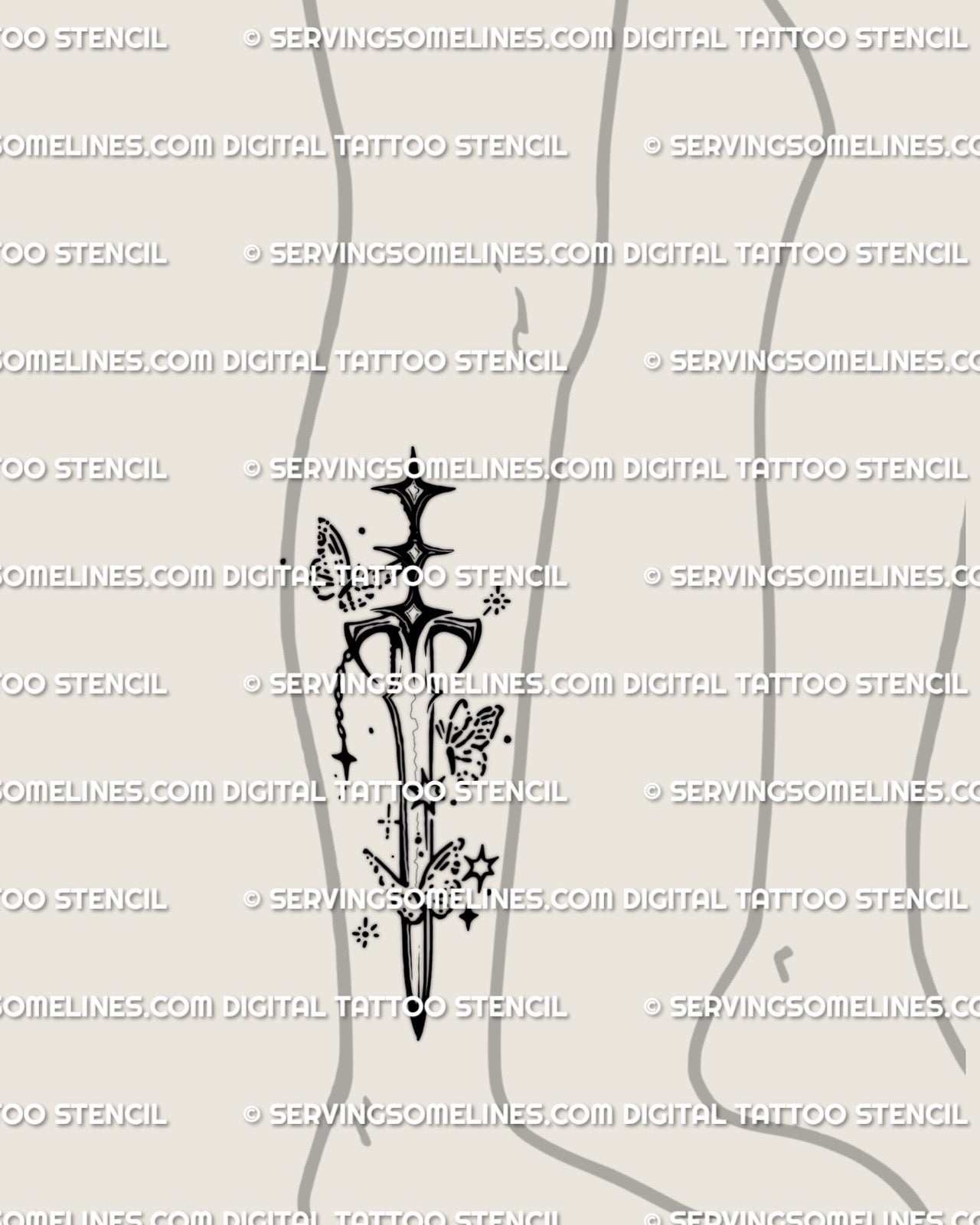 Cute sword tattoo stencil for lower leg placement, dreamy charm sword with sparkle scatter accents, printable stencil file
