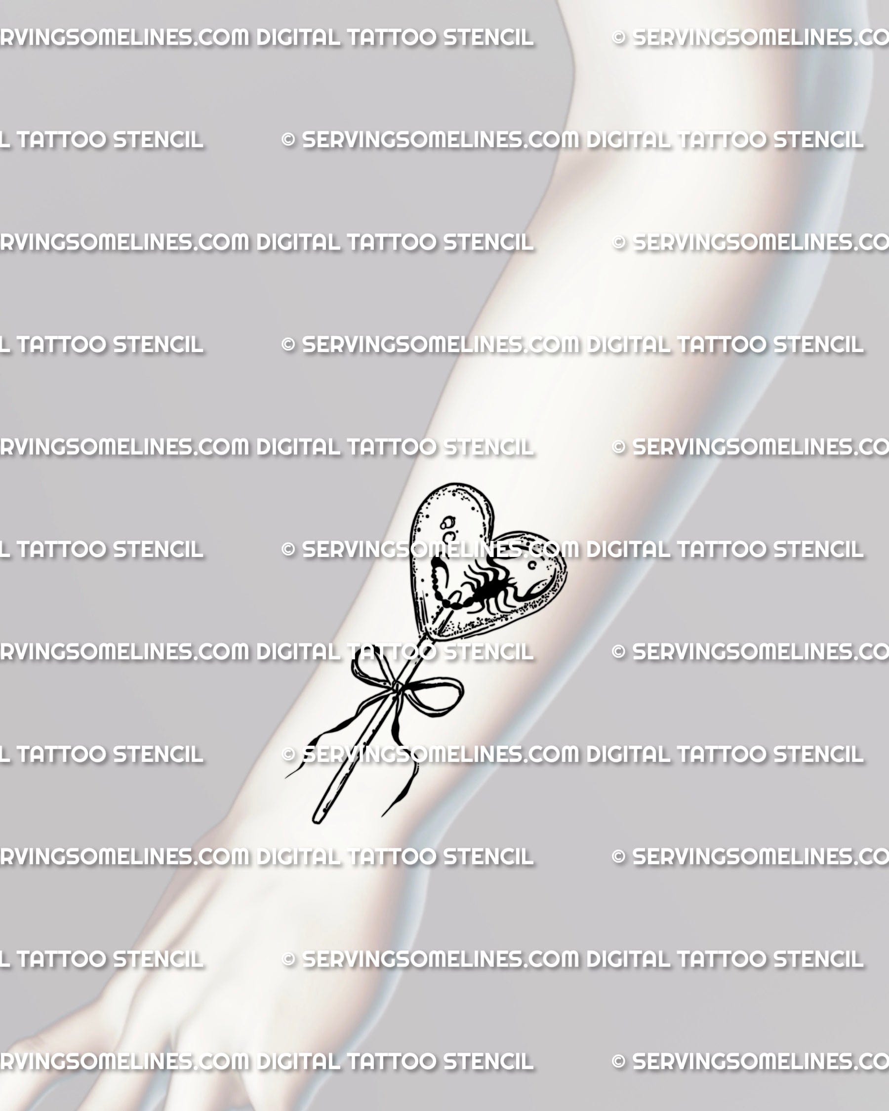 Cute goth scorpion tattoo placed on forearm and wrist, a gothic candy tattoo art symbol of sweetness with sting.