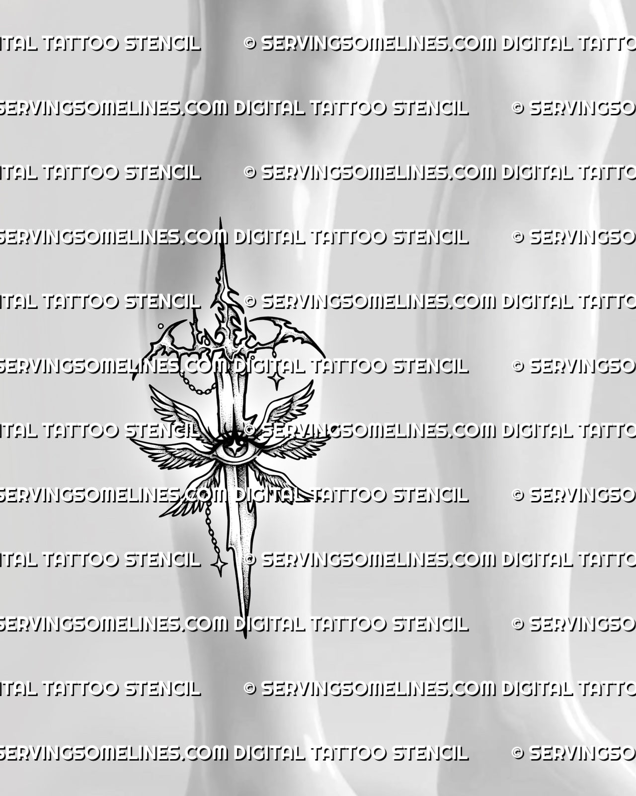 Cyber angel sword tattoo stencil shown on calf placement with vertical blade, winged eye, and gothic chain details