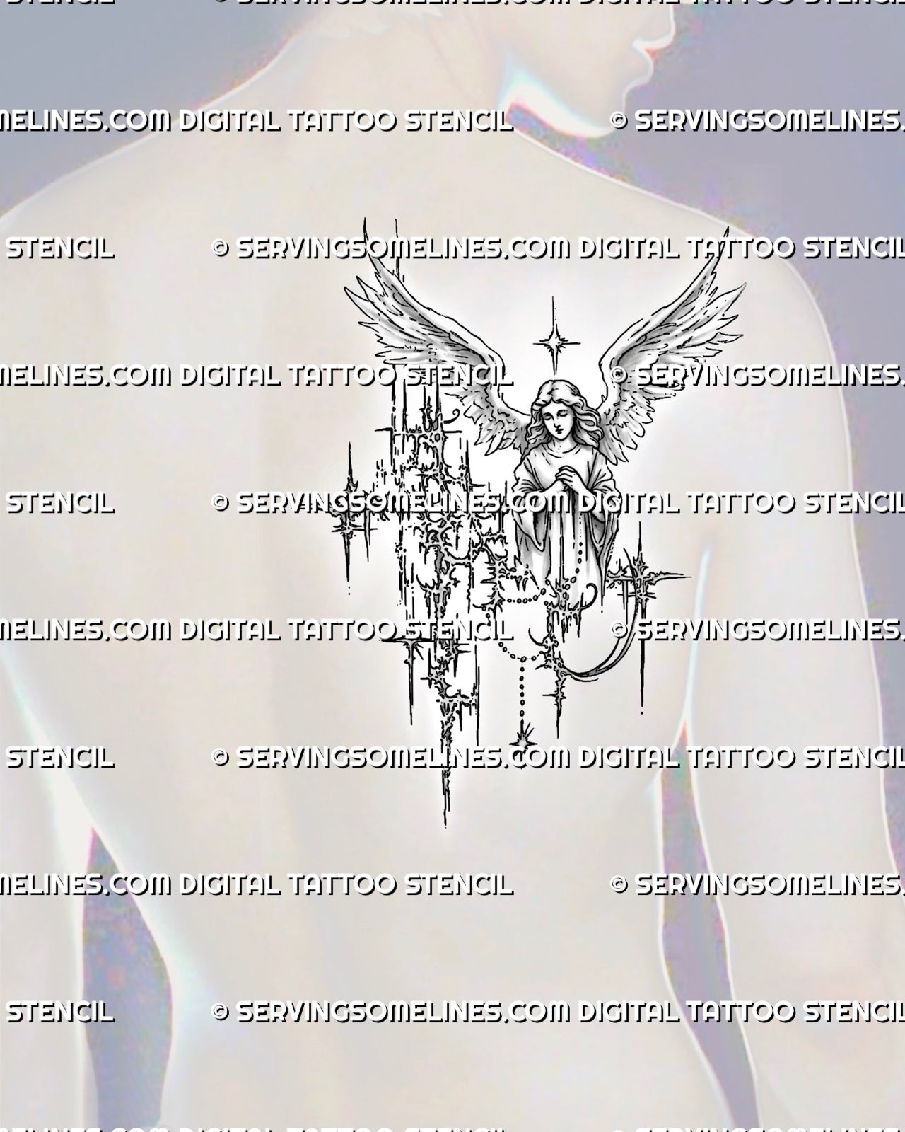 Cyber angel tattoo stencil on a male back shoulder blade, with open wings, folded hands, and vertical sigil detail for broad placement.