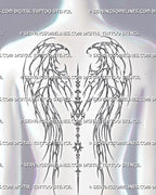Cyber angel wings tattoo stencil displayed on a woman’s back with spine detail, sharp wing arcs, and dotted texture