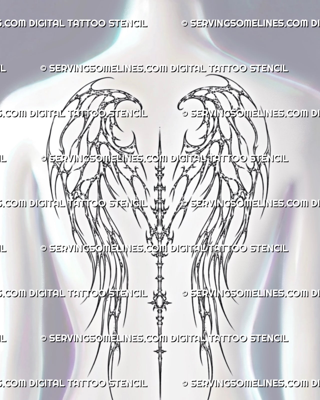 Cyber angel wings tattoo stencil displayed on a woman’s back with spine detail, sharp wing arcs, and dotted texture