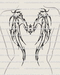 Women’s upper back shown with cyber angel style wings stencil, sharp neotribal outline and star detail placed across shoulder blades