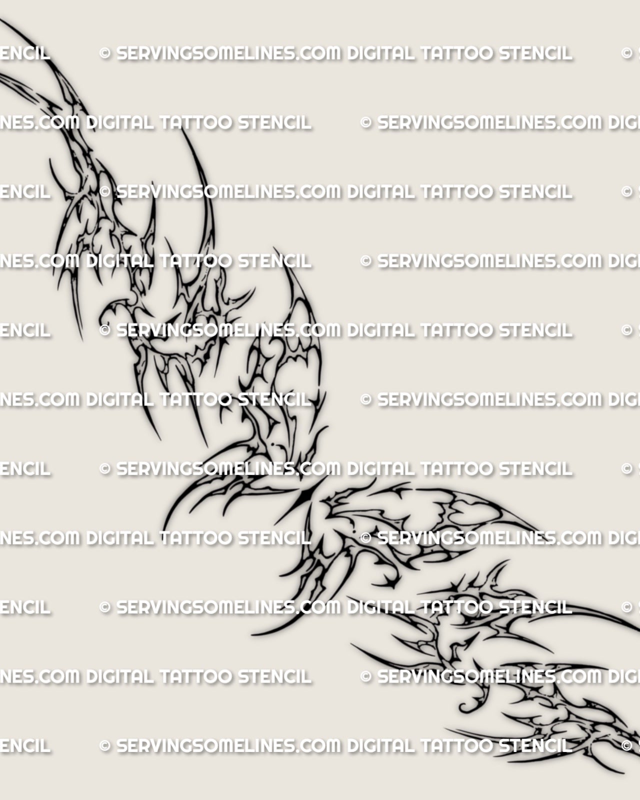 Full design view of a cyber butterfly lower back tattoo stencil, with sharp wing structure and a wide waist spread.
