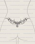 Cyber chain tramp stamp tattoo shown on lower back placement with a symmetrical chain spread and centered drop
