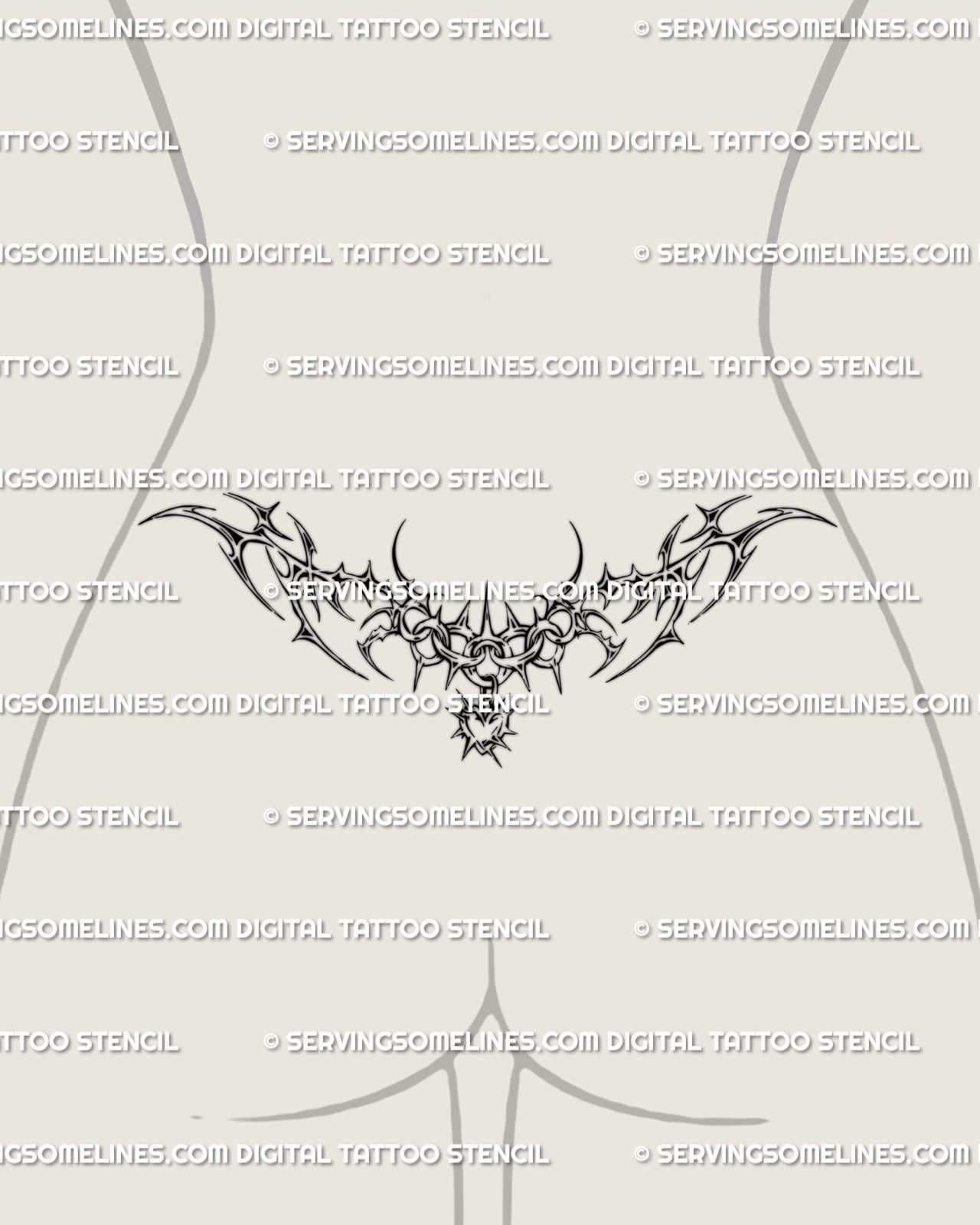 Cyber chain tramp stamp tattoo shown on lower back placement with a symmetrical chain spread and centered drop