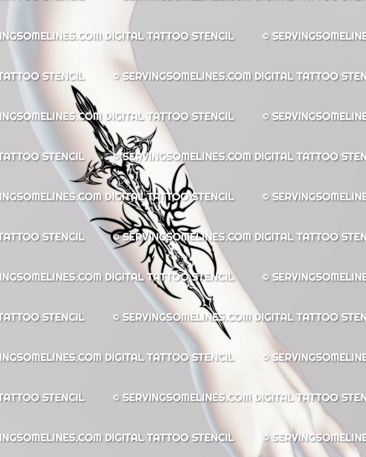 Cyber inspired dagger tattoo shown on a forearm, long tapered blade with tribal wings and gothic flair for modern arm tattoo concepts