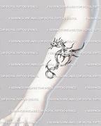 Small cyber tribal dragon tattoo shown on forearm placement, minimal black line stencil with futuristic ornamental curves and wings. 