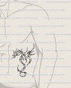 Cyber tribal dragon tattoo stencil displayed on man’s side ribs, sleek digital line art dragon design with sharp wings and spine curves. 