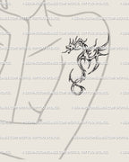 Cyber tribal dragon tattoo design shown on a woman’s upper arm, fine line digital stencil featuring wings and sharp ornamental details