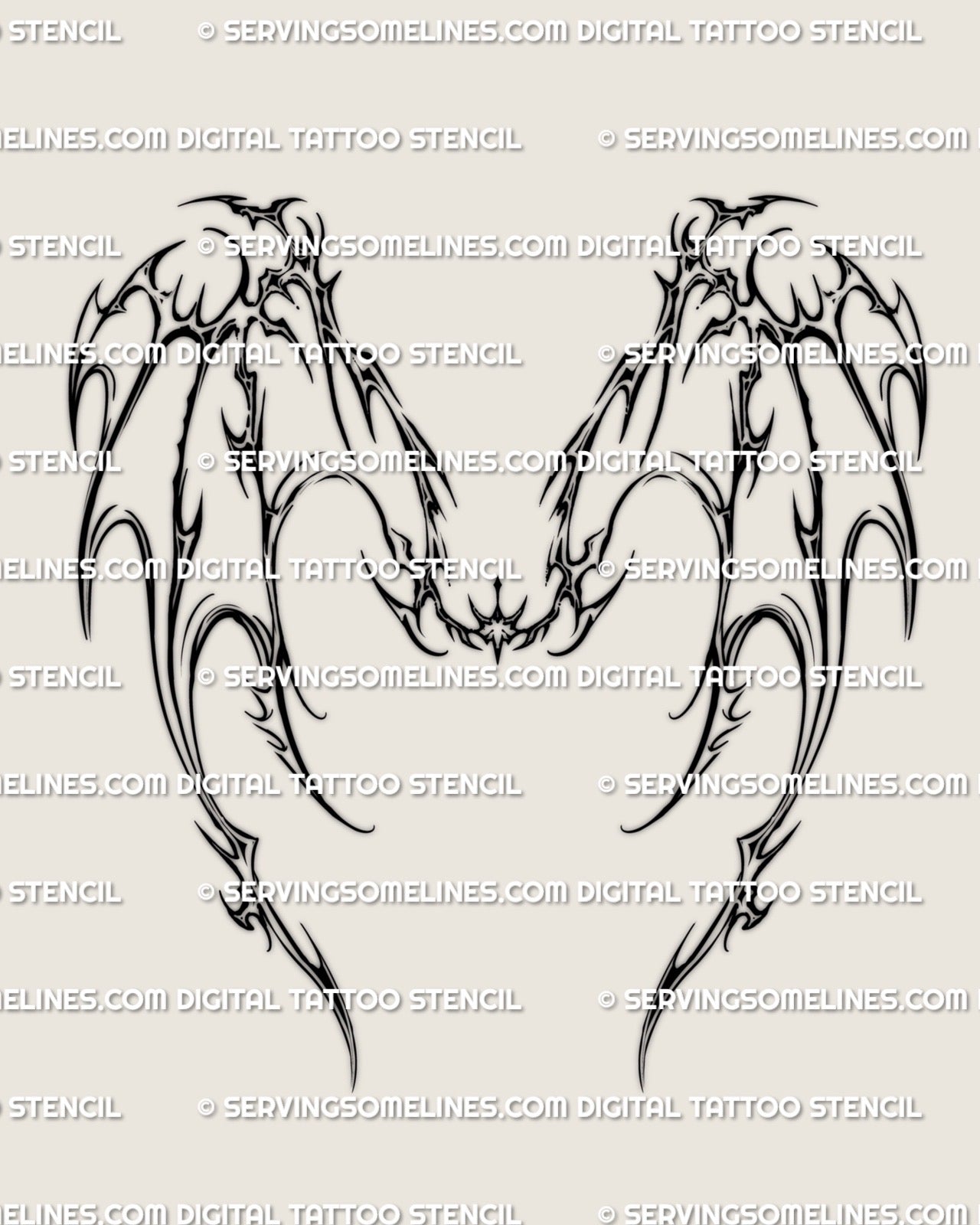 dragon inspired cyber wings tattoo stencil with long spiky curves, cybersigilism outline built for upper back or mid back placement