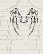 cybersigilism dragon wings tattoo on men’s upper back, sharp cyber creature wings with spiky tribal edges shown in full back placement