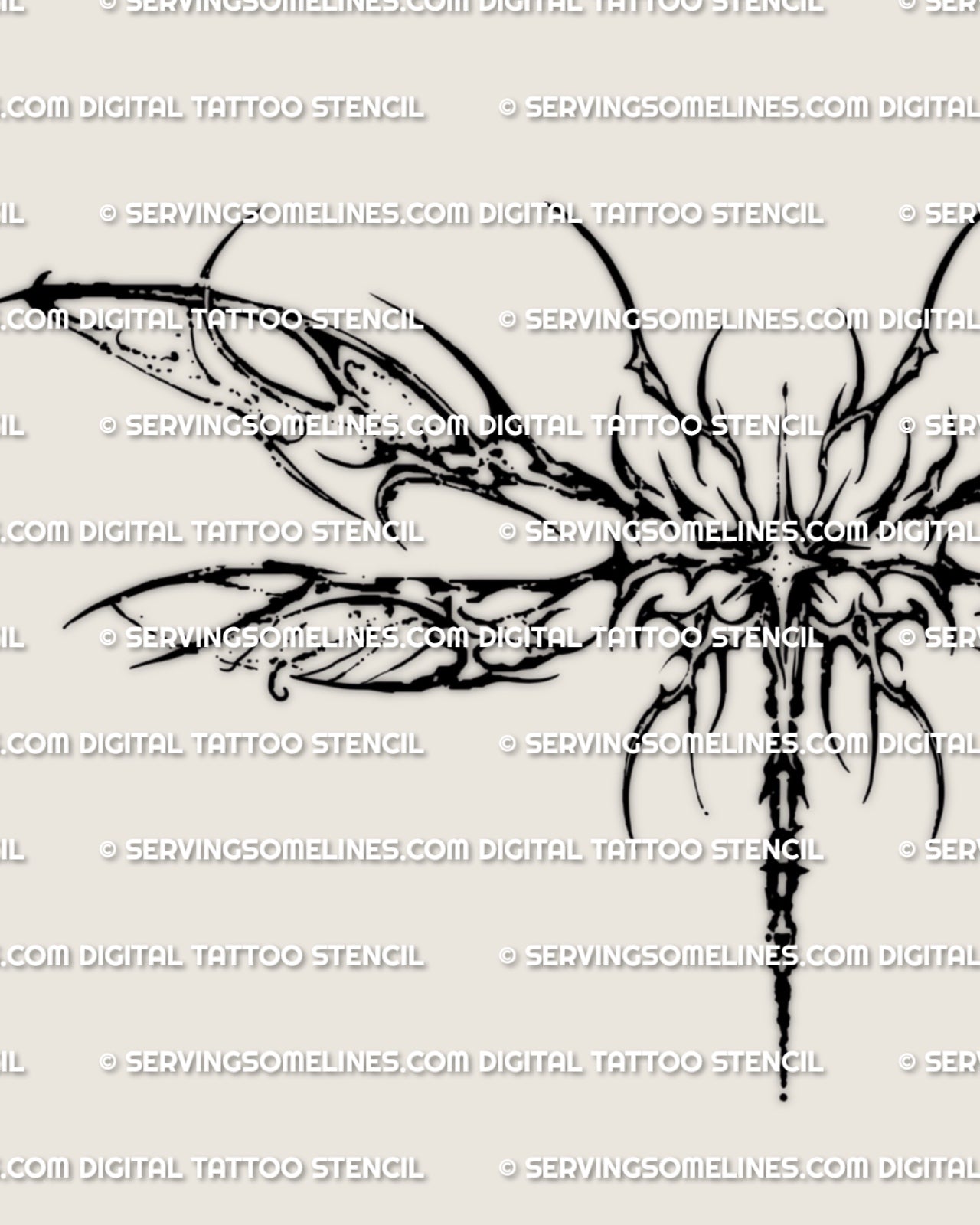 Cyber dragonfly tattoo stencil design with four wing panels, pointed sigil detail, and horizontal waist layout
