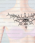 Cyber eye sternum tattoo shown on women’s chest placement with a centered eye and symmetrical upper chest framing