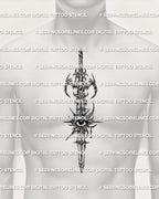 Cyber eye sword tattoo stencil shown on men’s chest center placement with vertical blade and symbolic eye detail