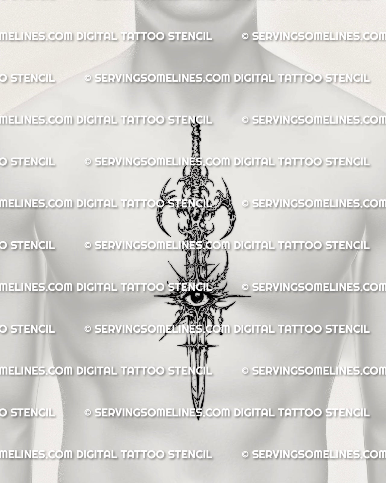 Cyber eye sword tattoo stencil shown on men’s chest center placement with vertical blade and symbolic eye detail