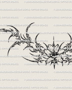 Close detail of the cybersigilism flower lower back tattoo stencil, showing pointed floral lines and the central bloom.