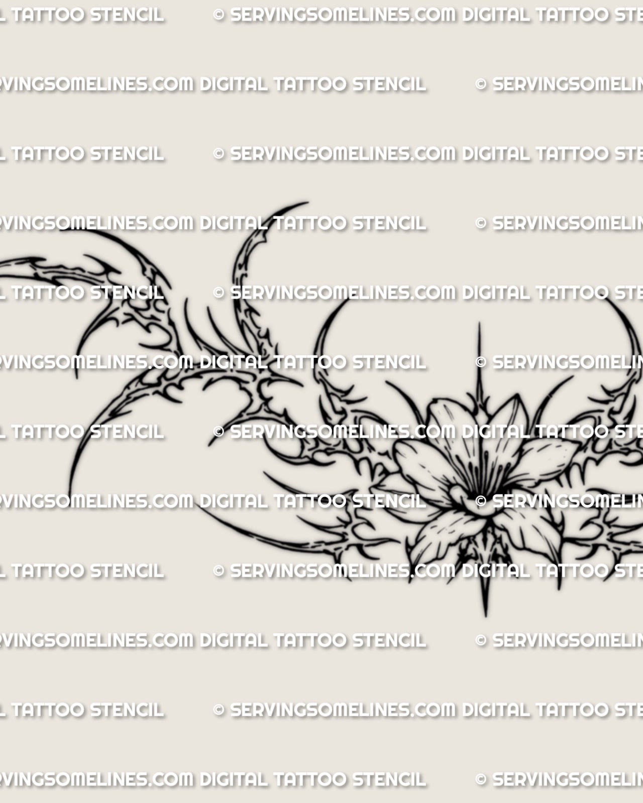 Close detail of the cybersigilism flower lower back tattoo stencil, showing pointed floral lines and the central bloom.