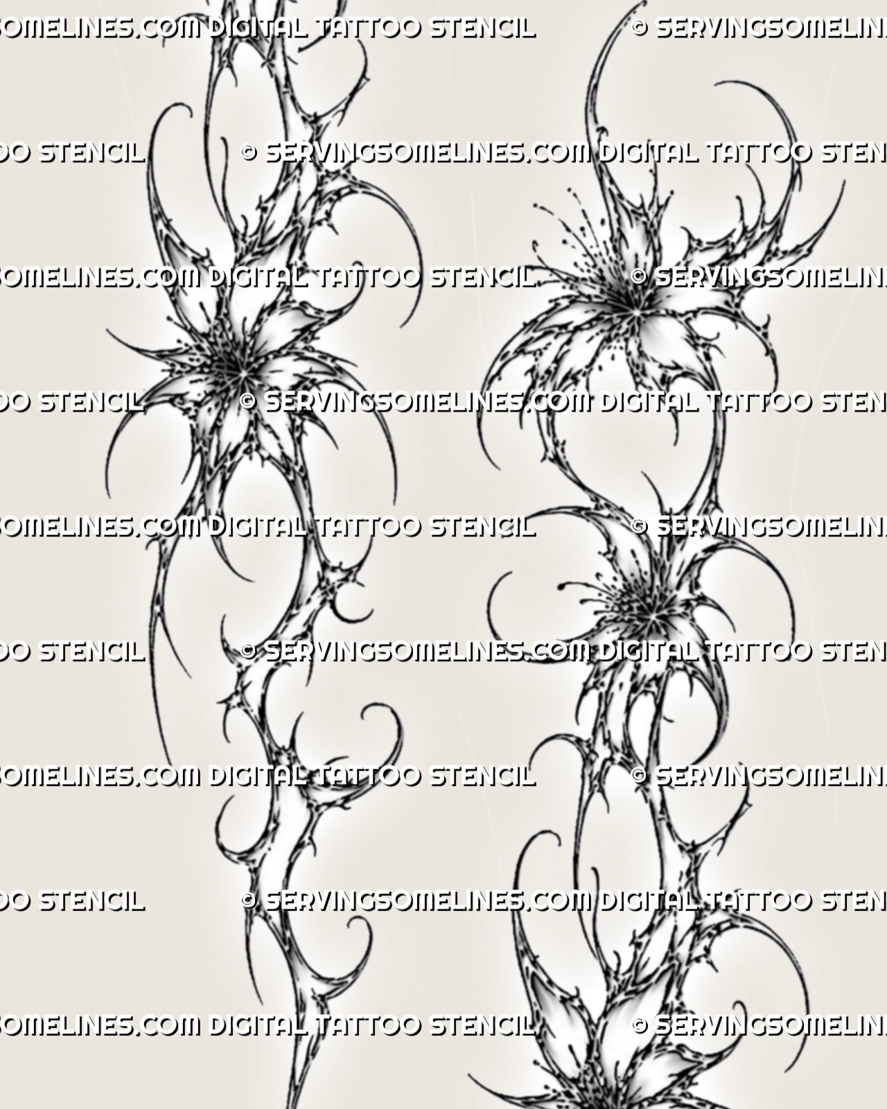 Cyber floral spine tattoo stencil design with three sharp flowers, thorn-like curves, and long ornamental linework.