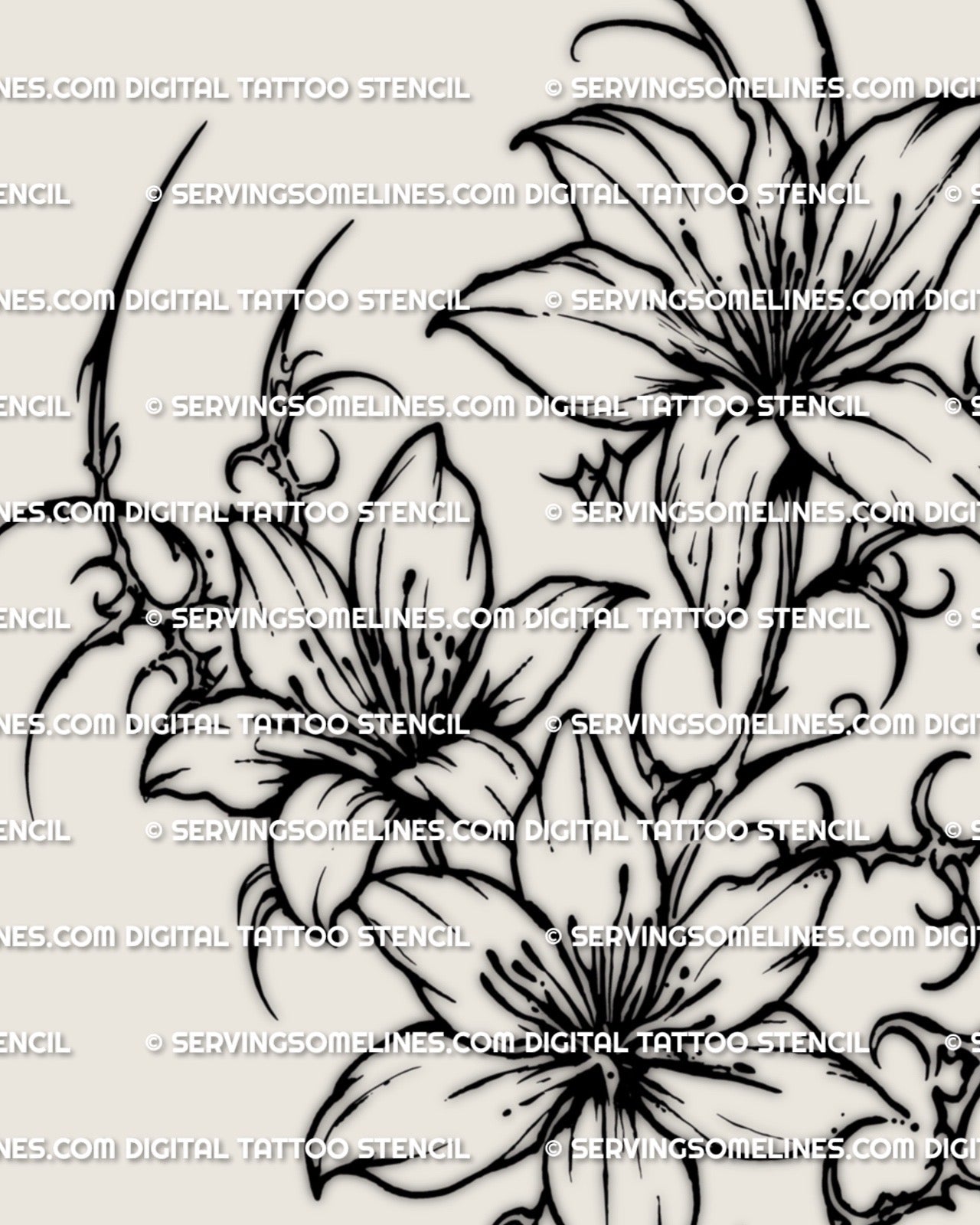 Close detail of cyber floral tattoo stencil showing layered flowers and pointed linework