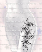 Cyber floral thigh tattoo shown on feminine hip placement with a vertical blossom arrangement and sharp outer framing