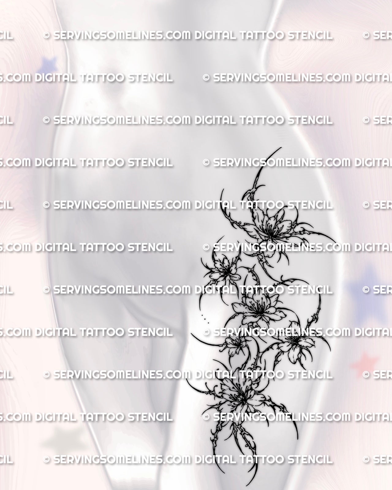 Cyber floral thigh tattoo shown on feminine hip placement with a vertical blossom arrangement and sharp outer framing