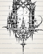 Close view of cyber goth arch tattoo stencil with moon and star detail, spired edges, and dark cybersigilism linework.v