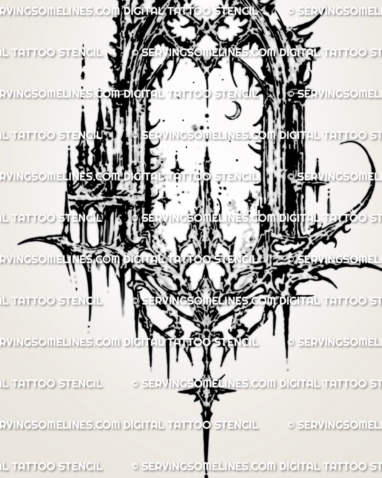 Close view of cyber goth arch tattoo stencil with moon and star detail, spired edges, and dark cybersigilism linework.v