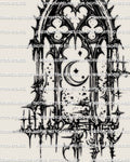 Cyber goth cathedral arch tattoo stencil featuring a dark crescent moon and sharp sigil symbols, modern gothic digital design ready for stencil transfer