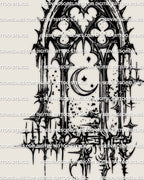Cyber goth cathedral arch tattoo stencil featuring a dark crescent moon and sharp sigil symbols, modern gothic digital design ready for stencil transfer