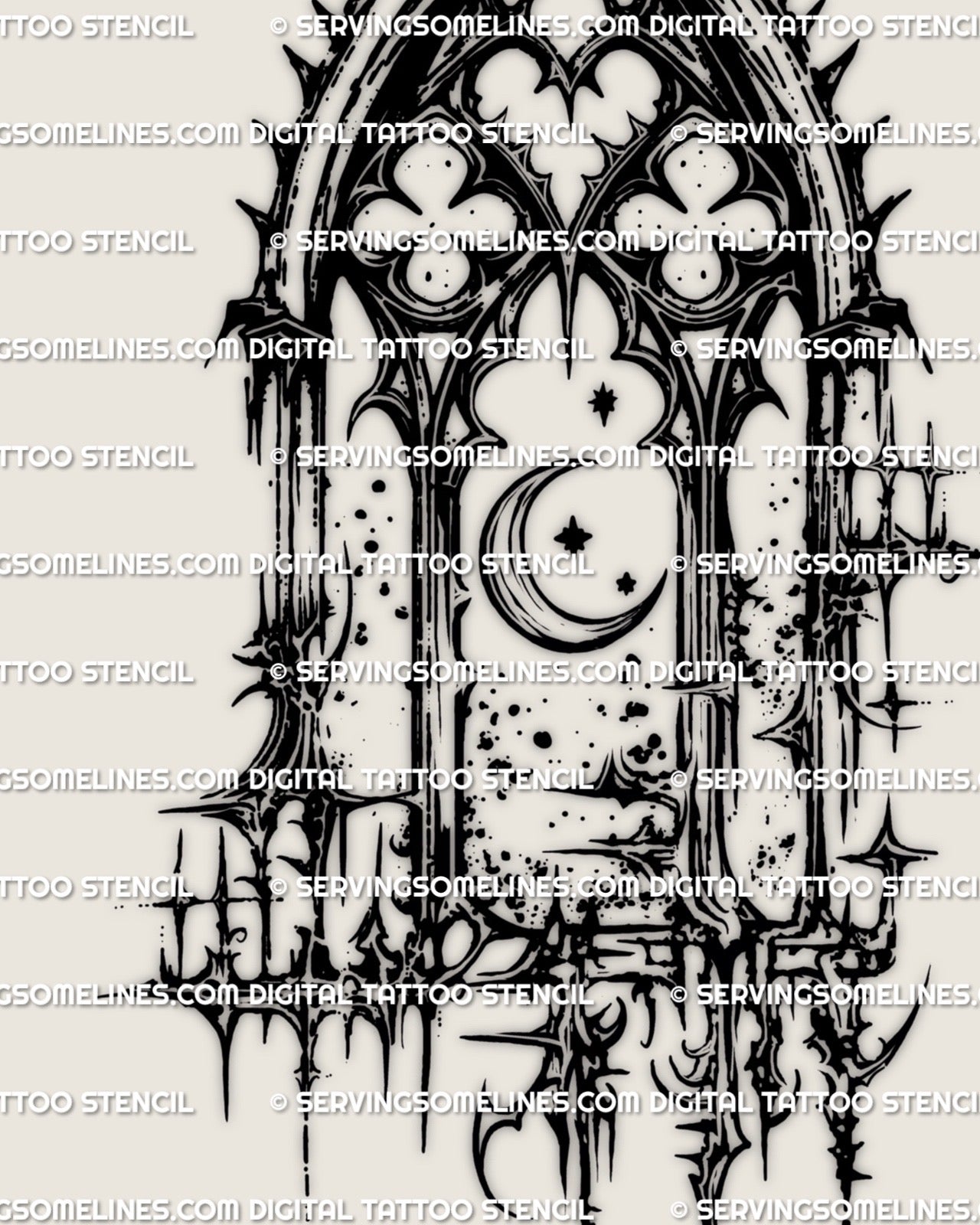 Cyber goth cathedral arch tattoo stencil featuring a dark crescent moon and sharp sigil symbols, modern gothic digital design ready for stencil transfer