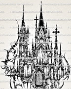 Close view of cyber goth cathedral tattoo stencil with cross details, pointed arches, dark windows, and sharp side framing.