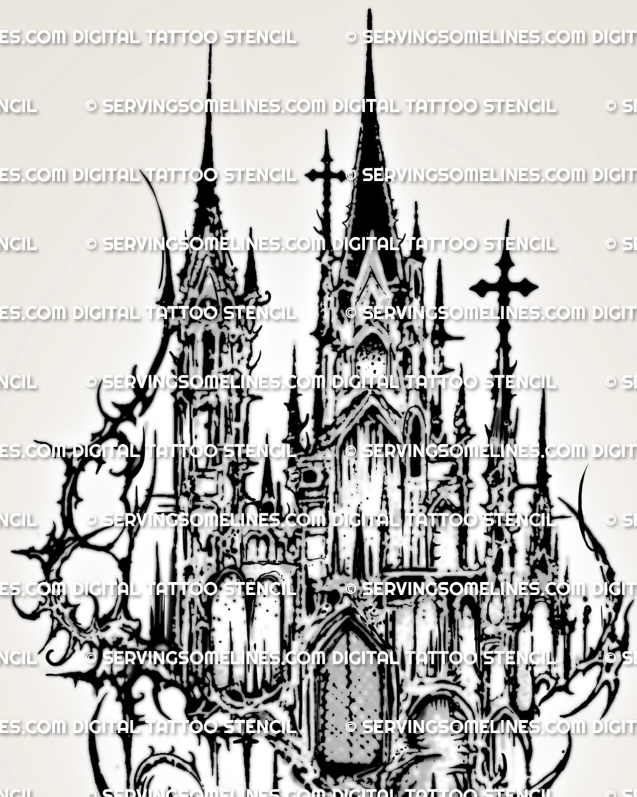 Close view of cyber goth cathedral tattoo stencil with cross details, pointed arches, dark windows, and sharp side framing.