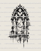 Modern cyber goth moon tattoo stencil with cathedral arch structure and sigil detailing, high resolution digital gothic tattoo design for artists
