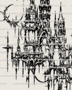 Close view of cyber gothic castle tattoo design showing broken arches, sharp spires, and distressed black detail