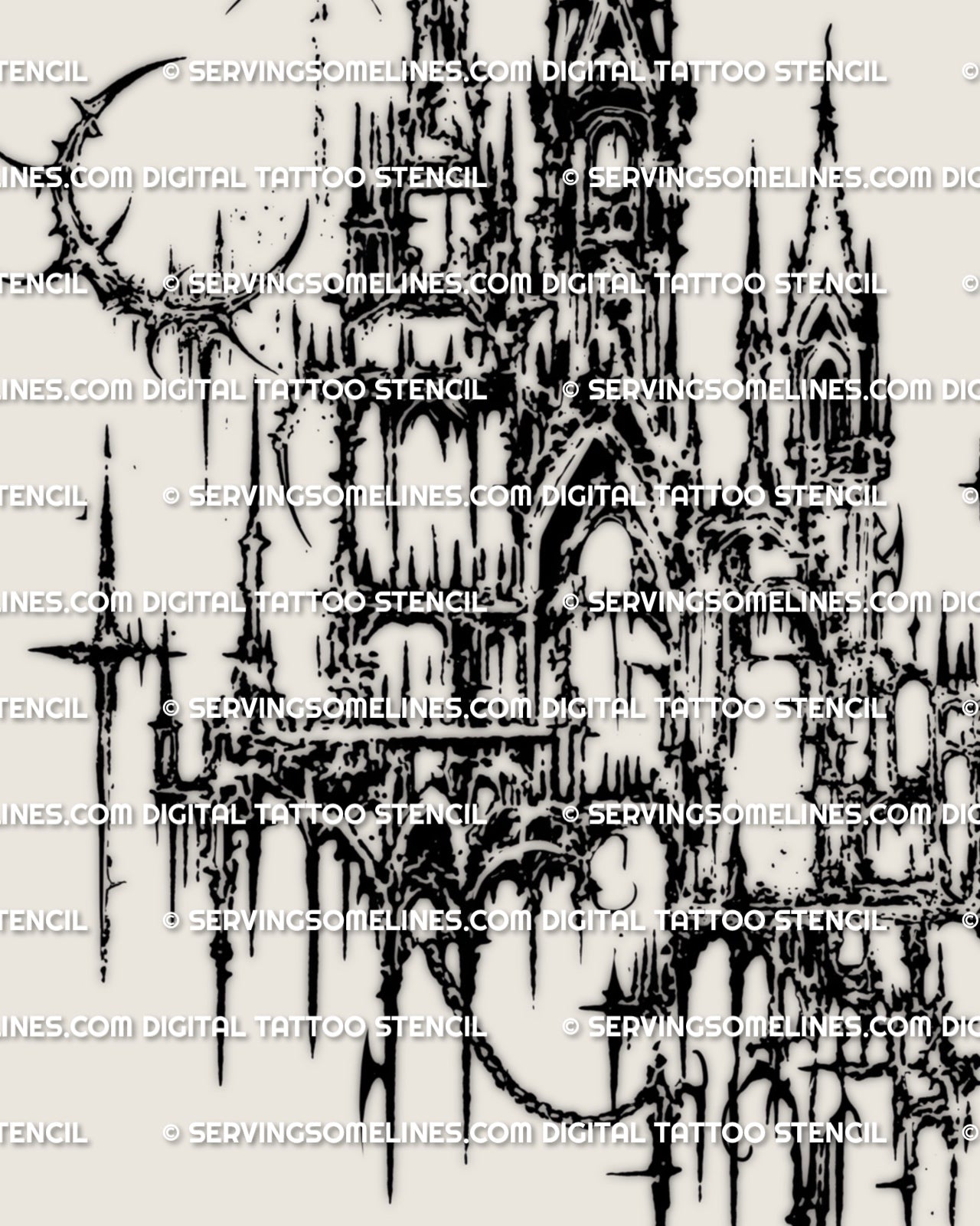 Close view of cyber gothic castle tattoo design showing broken arches, sharp spires, and distressed black detail