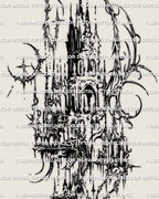  Close view of cybersigilism forearm tattoo detail with fractured black edges, pointed arches, and ornamental spires