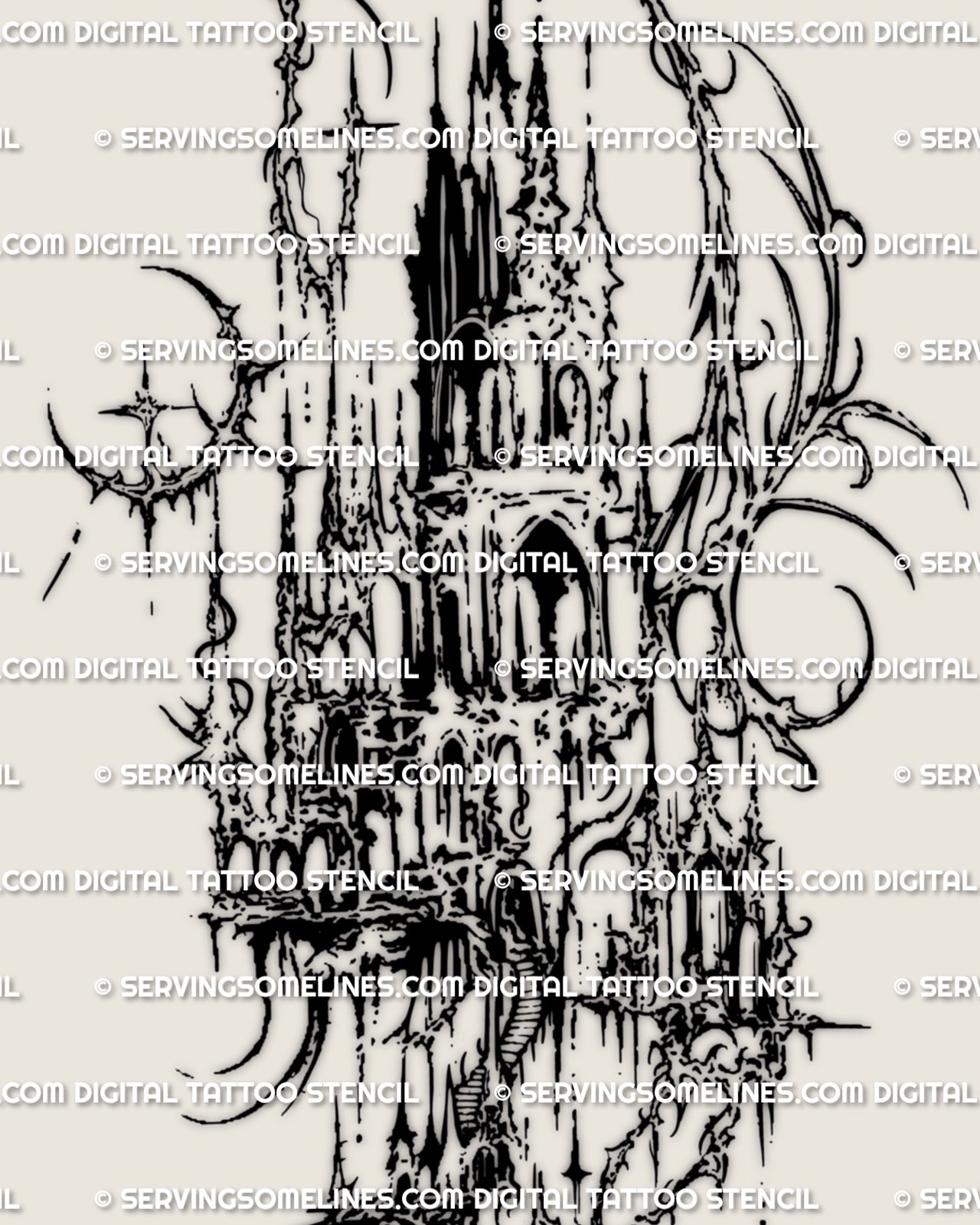  Close view of cybersigilism forearm tattoo detail with fractured black edges, pointed arches, and ornamental spires