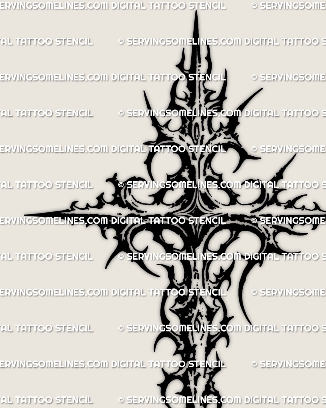 Blackwork Neotribal Cross Tattoo Stencil, Gothic High Contrast Design