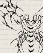 Detailed spine wings cyber sigil tattoo design preview showing ornamental black linework and sharp heart detail, digital stencil art. 