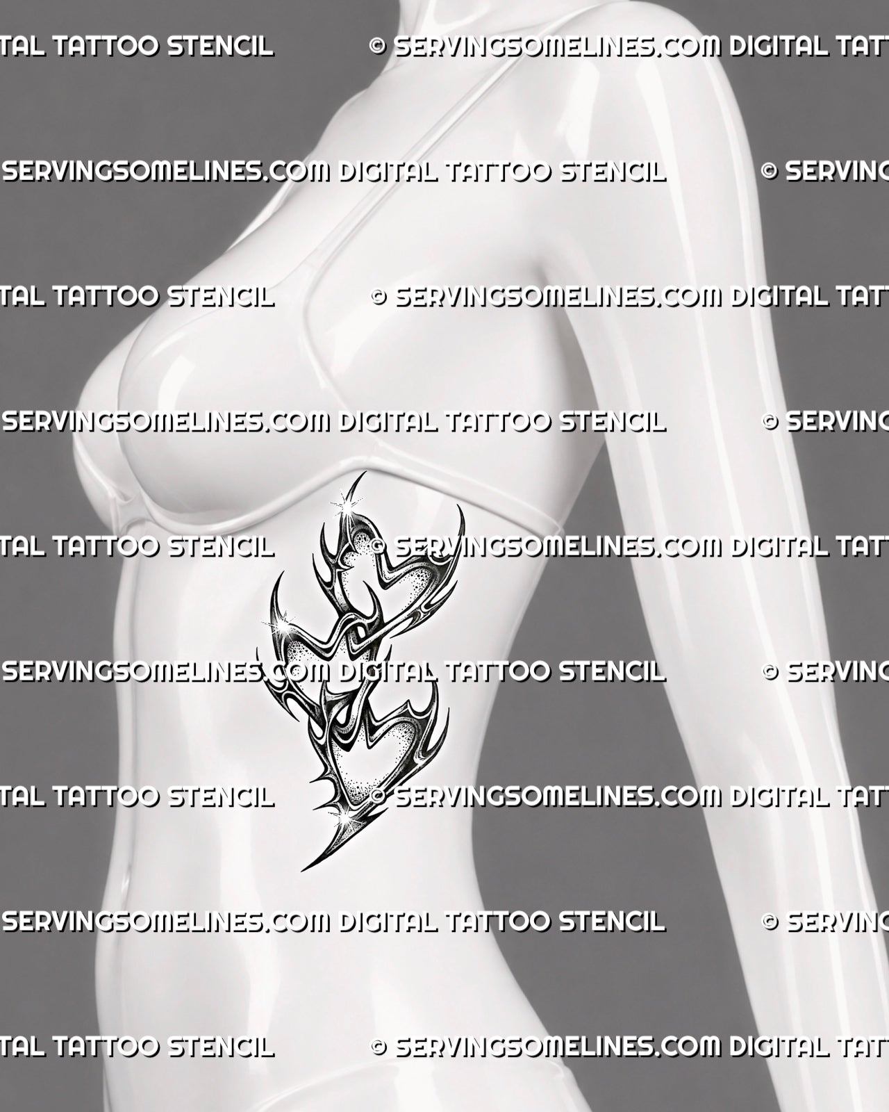 Cyber heart chain tattoo stencil shown on women’s ribs with vertical linked hearts and spiky metallic details
